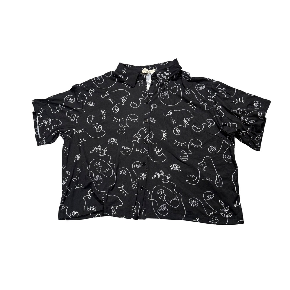 Laura Gotti Italy Black Linen Face Print Button Front Shirt NWT Large‎ NWT retro